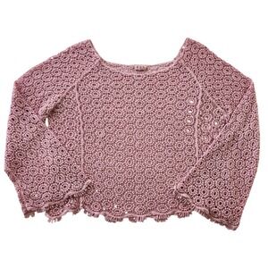 POL Clothing Pink Crochet knit Floral Medallion Top Shirt Bell Sleeve Med Large